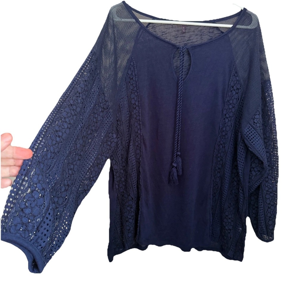 Olivia Sky Navy Sheer Top 2X Tassel Boho Peasant Romantic Coastal Flowy Relaxed